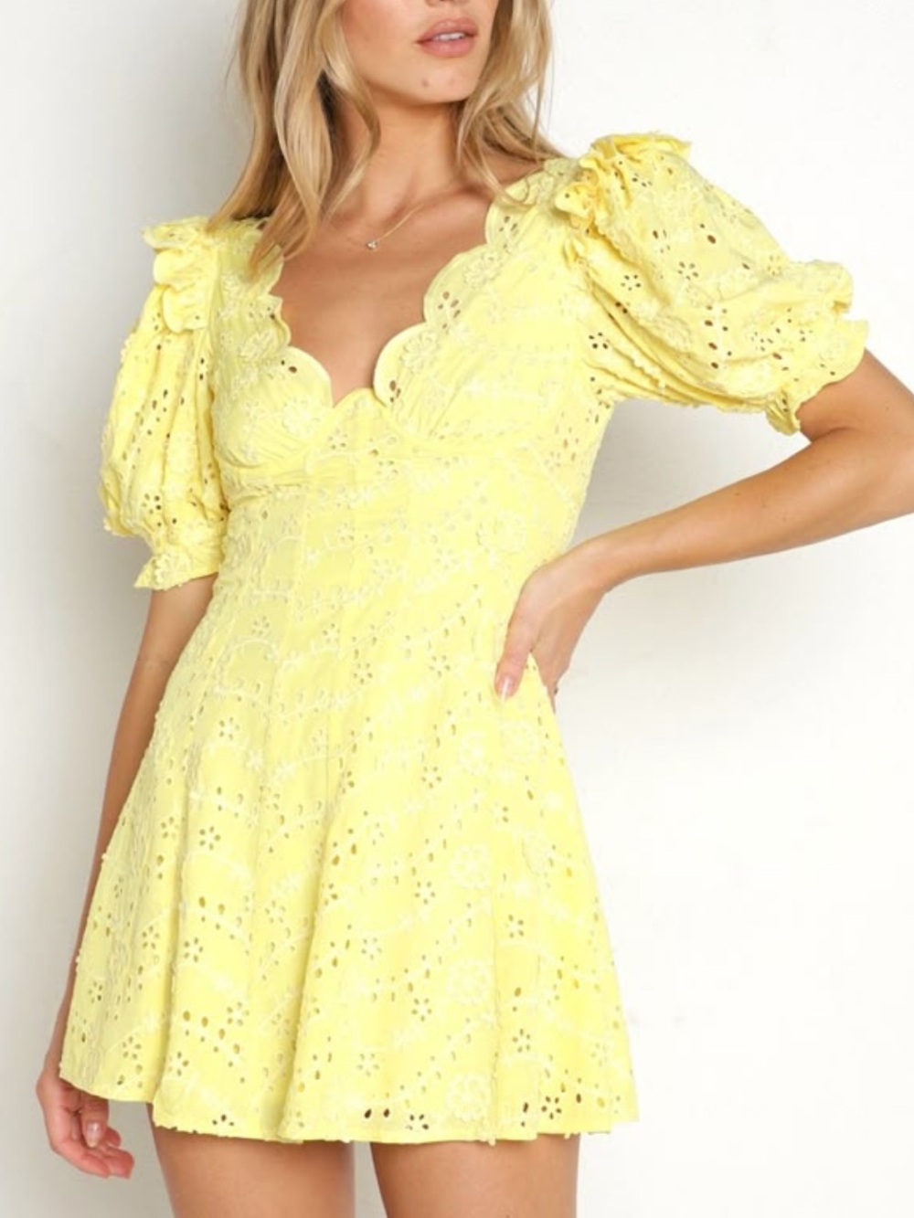For Love & Lemons Natalia Eyelet Puff Sleeve Mini Dress In Yellow small - Picture 3 of 13